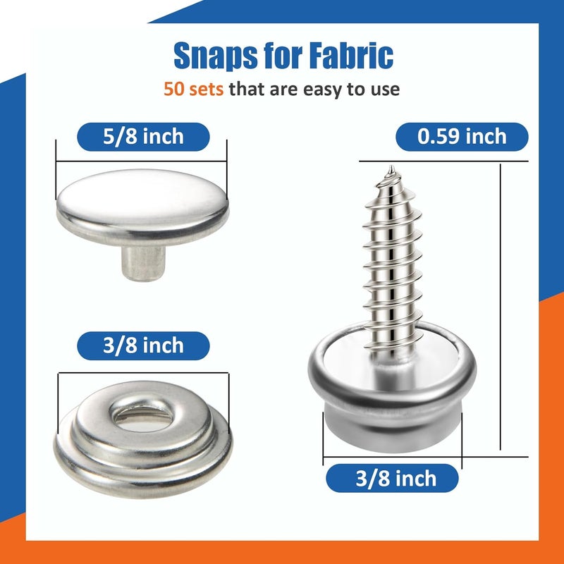 Vutim 150 PCS Canvas Snap Fastener Tool Set, Marine-Grade 3/8" Stainless Steel Snaps, Metal Snap Fastener Kit, Leather Repair Kit for Boats, Canvas, Leather Goods, Tents, and Awnings - Image 2